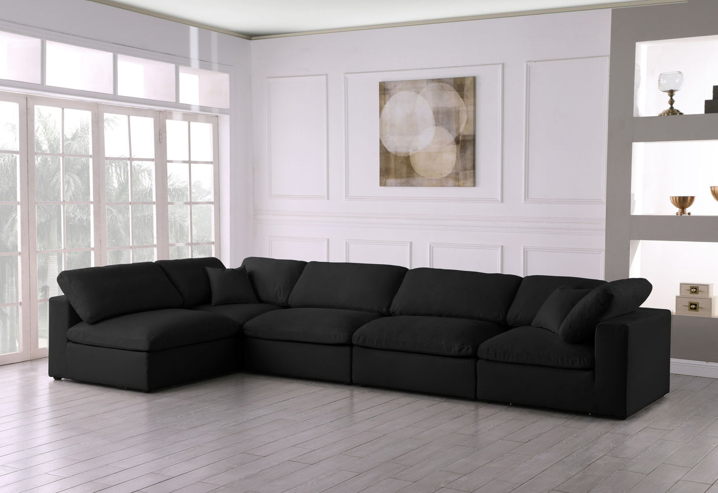 Serene - Linen Textured Fabric Deluxe Comfort Modular Sectional 5 Piece - Black - Fabric