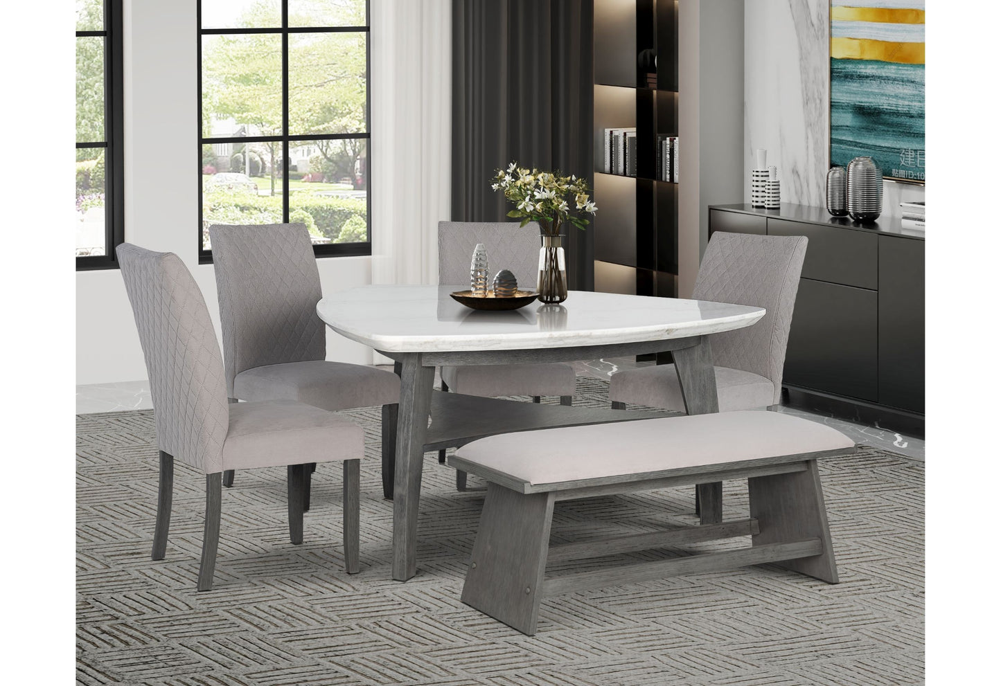 D8192 - Triangle Dining Table And Four Dining Chairs - Light Gray