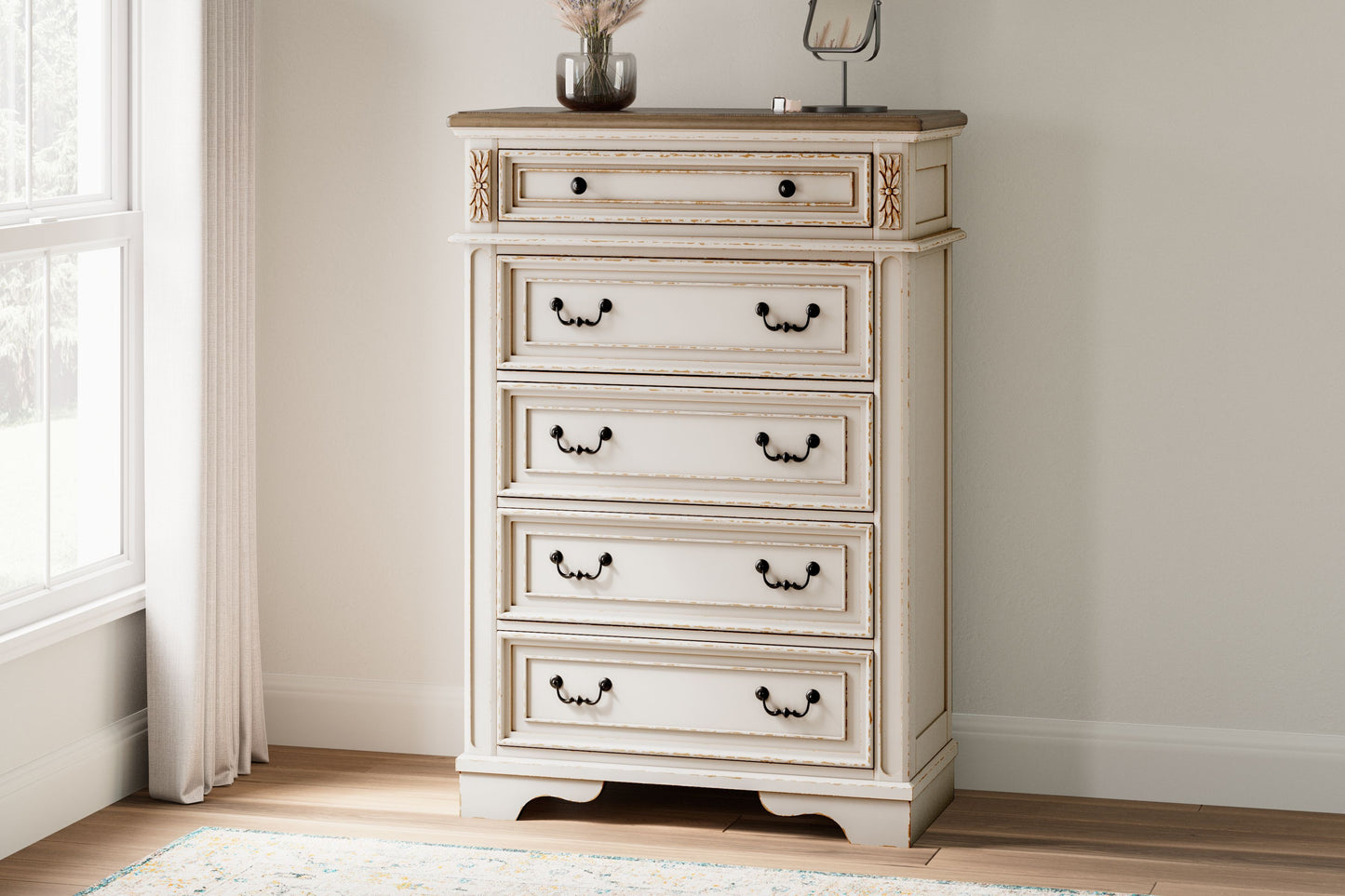 Realyn - White / Brown / Beige - Five Drawer Chest