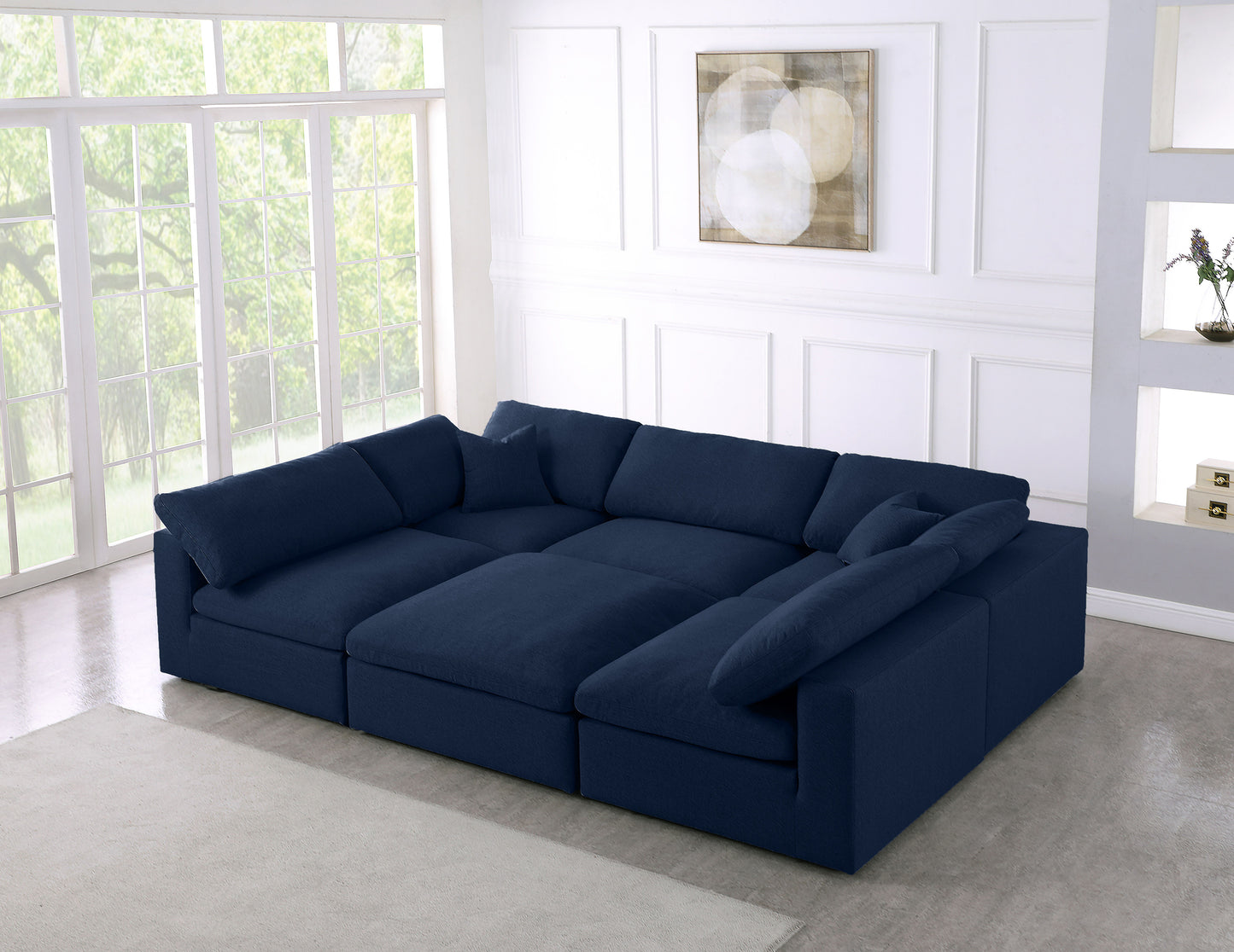 Serene - Linen Textured Fabric Deluxe Comfort Modular Sectional 6 Piece - Navy - Fabric