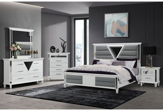 Marco - 5 Piece King Bedroom Set With LED 3D Mirror - Metallic White