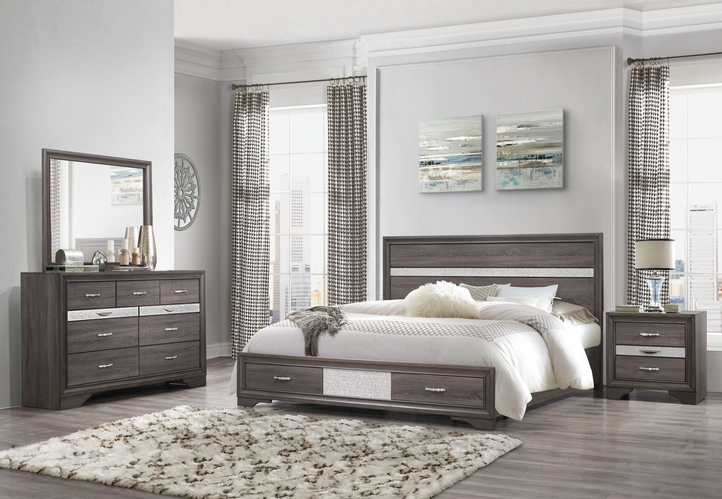 Seville - 4 Piece King Bedroom Set (Bed, Dresser, Mirror, Nightstand) - Gray