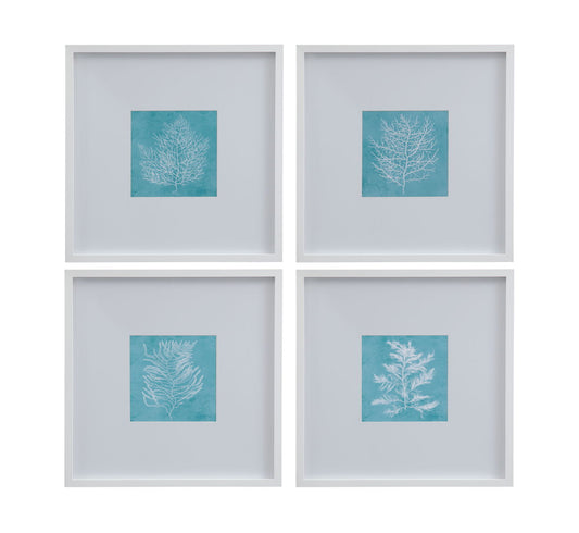 White Coral On Blue - Framed Print (Set of 4) - Blue / White