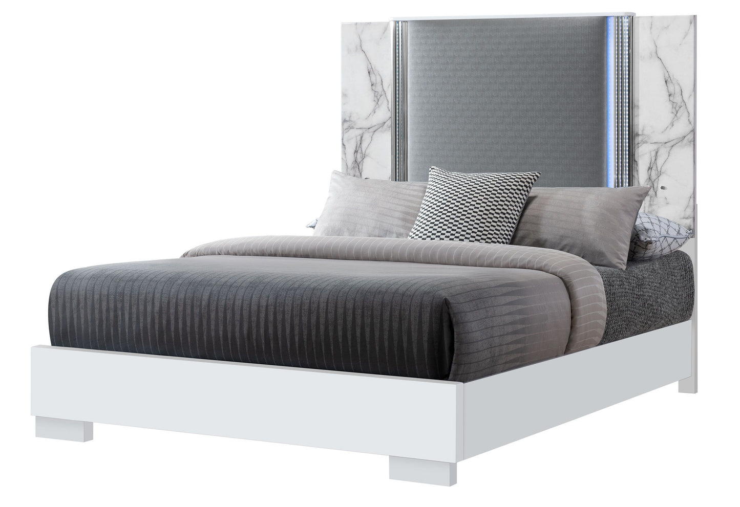 Ylime - Queen Marble Bed With LED - White