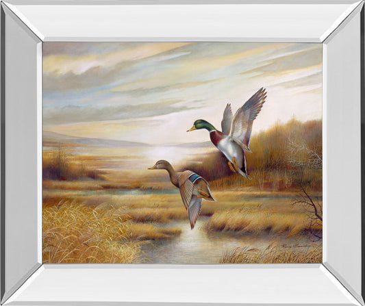 22x26 Mallards By Ruanne Manning And Mossy Oak Native Living - Mirror Framed Print Wall Art - Dark Brown