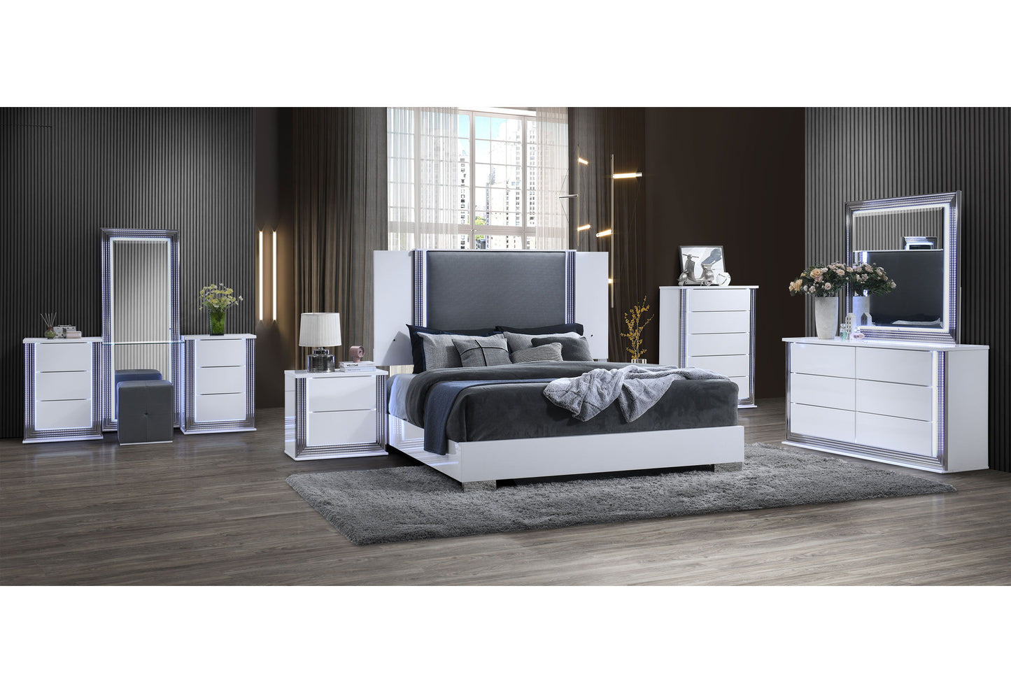 Ylime - 5 Piece King Bedroom Set (Bed, Dresser, Mirror, Chest, Nightstand) - Smooth White